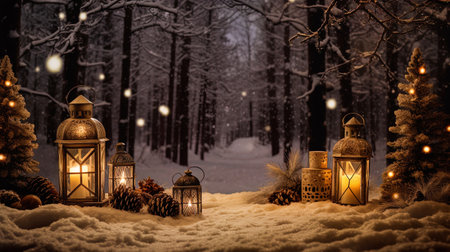 Winter Forest against a Christmas background with flickering lanterns.の素材