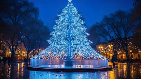 The flow of New Year's lights decorating trees in the city square.の素材