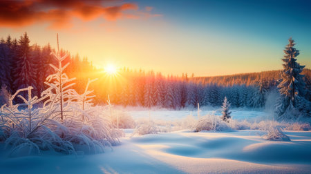 The background of Christmas morning with the rising sun and snowflakes.の素材