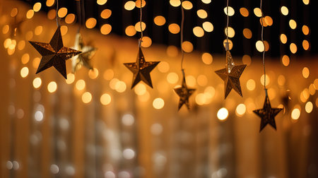 The background with the New Year star and garlands creating a festive atmosphere.の素材