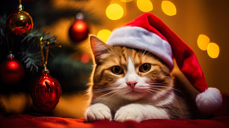 Portrait of a cheerful cat in a Christmas hat under a Christmas tree.の素材