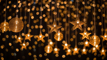 New Year's lights in the form of stars hanging from the ceiling and glow down.の素材