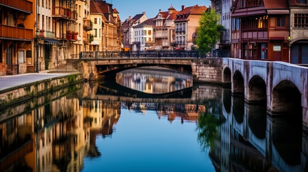 A charming city channel with a reflection of ancient buildings in water.の素材