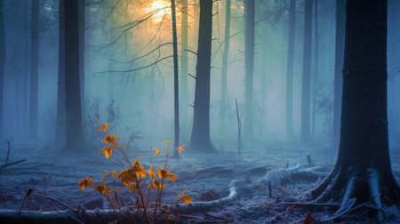 A foggy morning in the forest, where the trees are immersed in a soft white fog, creating a mysteri.の素材