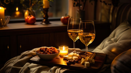 A cozy evening with light snacks and a glass of wine.の素材