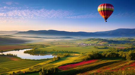 A hot balloon soars over green hills covered with flowering fields.の素材
