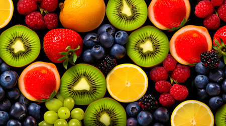 A collage of many bright fruits and berries creating a colorful background.の素材
