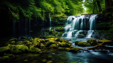 A melodic waterfall framed by green forests and rocky shores.の素材