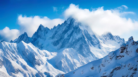 A landscape with mountain peaks covered with snow, against a bright sky.の素材