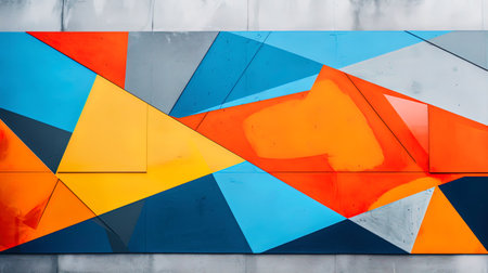 Construction graffiti: bright colors and abstract shapes on a gray concrete wall.の素材