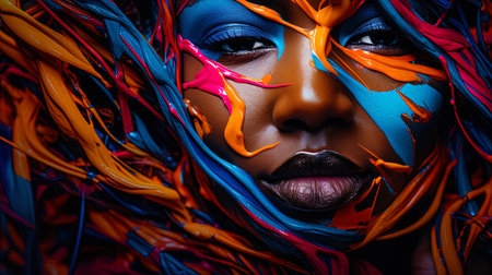 An abstract portrait in which the face is intertwined with various colors and patterns.の素材