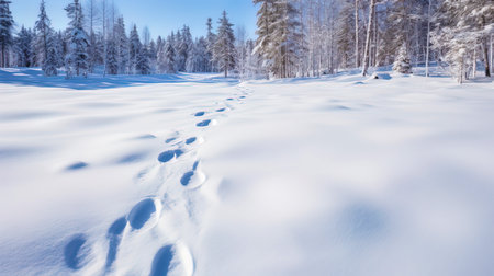 Mysterious traces in the snow leading to an unknown direction.の素材