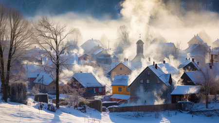A snowy village, where smoke from smoke pipes creates a cozy atmosphere.の素材
