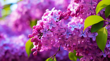 Blooming lilac, obscuring its green leaves with bright colors.の素材