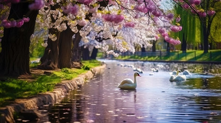 The city park in the spring, where the trees bloom and the birds chirp.の素材