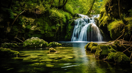 A stunning waterfall surrounded by green forests and rocks.の素材
