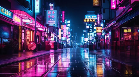 Atmospheric night city with bright neon signs and lights.の素材