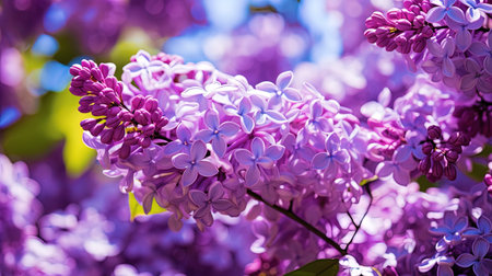 Lilac branches strewn with purple inflorescences create a fragrant cloud.の素材