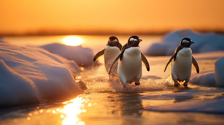 Funny penguins sliding on the ice in search of food.の素材