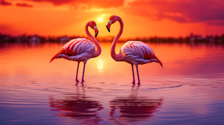 Luxurious flamingos against the background of sunset, reflected in the mirror surface of the lake.の素材