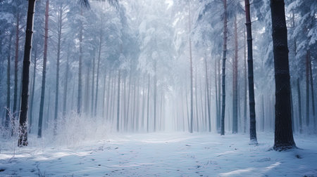 Winter forest in a fog, where trees are covered with a layer of snow.の素材