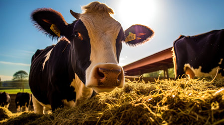 The hay in the cow of the dairy farm becomes a delicious treat for cows under the sun's rays.の素材
