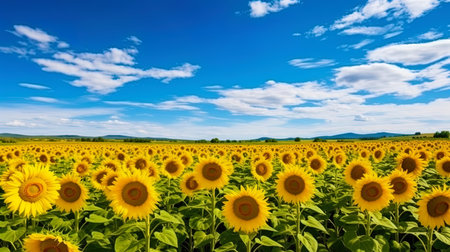 The field of sunflower growing under the bright sun, creating a picturesque horizon.の素材