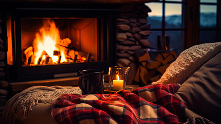 Warm blanket and cozy evening by the fireplace.の素材