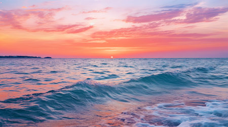 Pink sunset over the ocean, staining water in warm shades.の素材