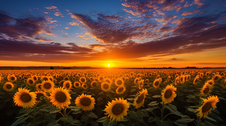 Hypnotizing landscape: Sunflower fields stretching to the horizon.の素材