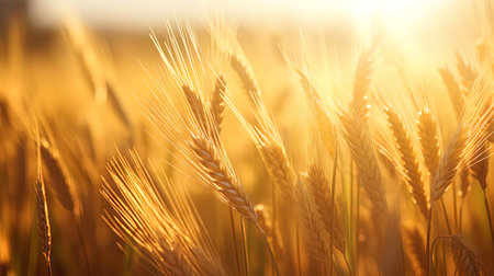 The endless field under the bright sun, where the golden wheat sways in the wind.の素材