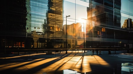 The game of light and shadow on the glass facade of the modern skyscraper.の素材