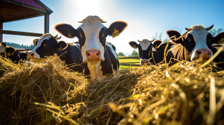The light cow's room is filled with joyful moments when cows rush hay in the sun.の素材