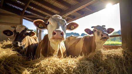Cows in the barn on a farm surrounded by the light of the sun joyfully eat hay.の素材