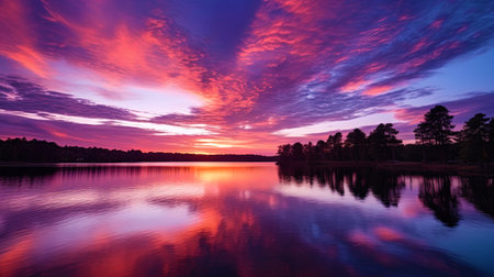 The sunset over the horizon, staining the sky in shades of pink and purple, is reflected in a quiet.の素材