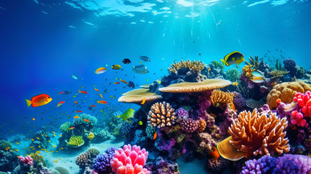 Underwater world with bright corals and multi colored fish.の素材