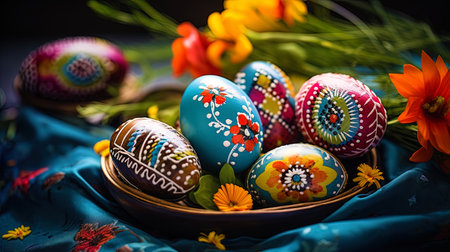 A picture with Easter eggs decorated in the form of symbols of spring.の素材