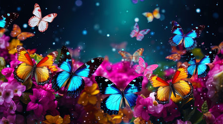A romantic composition with spring butterflies around flowers.の素材