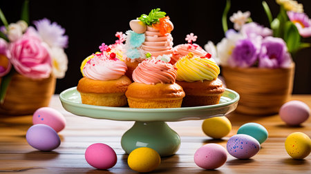 A picture with Easter cakes and bright colors symbolizing a spring holiday.の素材