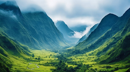 A mystical valley with clouds sag between the mountains.の素材