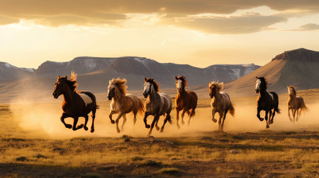 A landscape with wild horses galloping on an endless plain.の素材