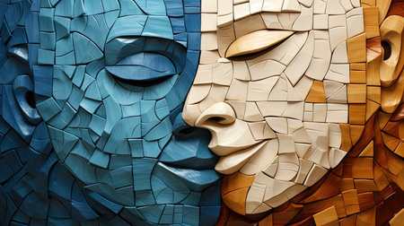 Abstract work, where the contours of the heads and hands form a puzzle in the form of a hug.の素材