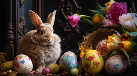 A picture with an Easter rabbit holding an egg with flowers in its paws.の素材