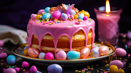 Easter cake covered with colored glaze and decorated with sweets.の素材