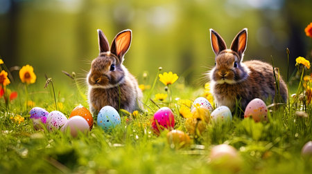 Easter rabbits playing with colorful eggs in the meadow.の素材