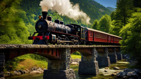 An old train overcoming a picturesque bridge over a mountain river.の素材