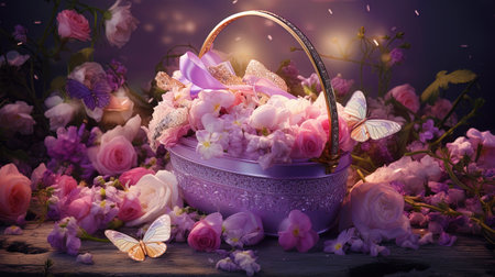 An illustration with an Easter basket filled with flowers and jewelry.の素材