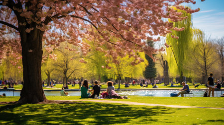 Spring city park with people vacationing on the grass.の素材