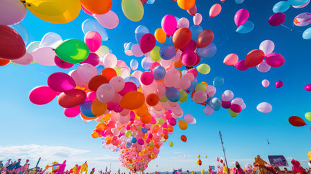 Multi colored balloons rising into the air at the festival.の素材