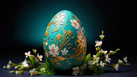 Image of Easter egg decorated with flowers and green leaves.の素材